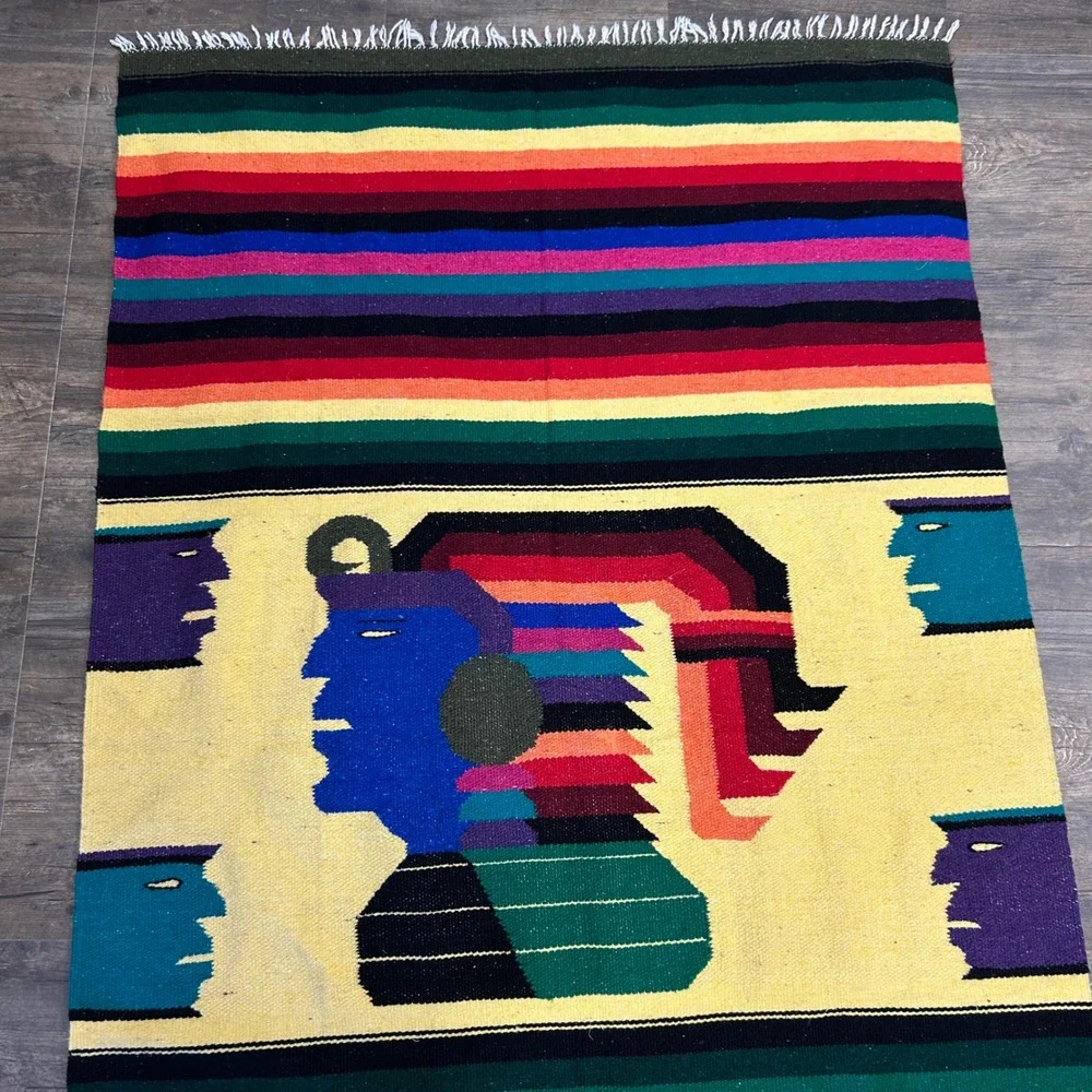 Vintage Mayan Inca‎ Aztec Warrior Blanket Fringe Bright Color Striped Native